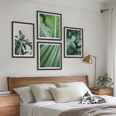 4 paveikslų rinkinys su rėmais Tropiniai lapai žali