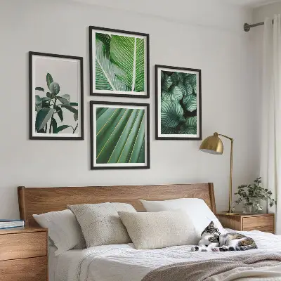 4 paveikslų rinkinys su rėmais tropiniai žali lapai