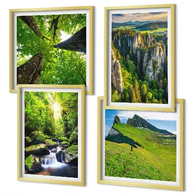 4 paveikslų rinkinys su rėmais žalių kalnų ir krioklio miško vaizdas