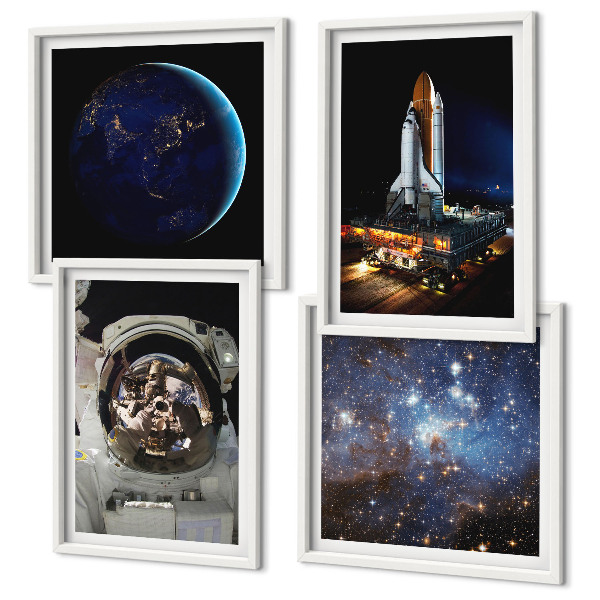 4 paveikslų rinkinys su rėmais Kosmoso Žemės astronautų raketa