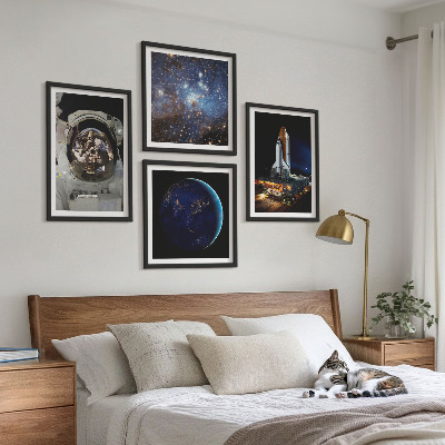 4 paveikslų rinkinys su rėmais Kosmoso Žemės astronautų raketa