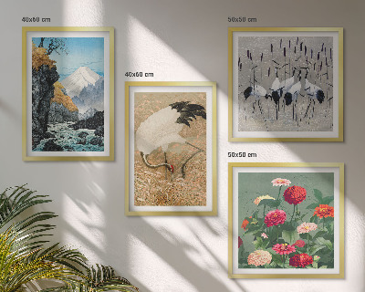 4 paveikslų rinkinys su rėmais Kalnai, upė, gėlės, gervės