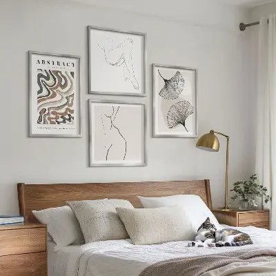 Abstrakčios boho stiliaus lapų formos 4 paveikslų rinkinys su rėmais