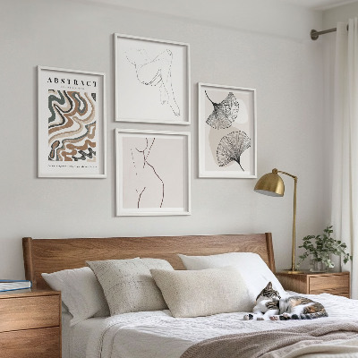 4 paveikslų rinkinys su rėmais Abstrakčios boho lapų formos