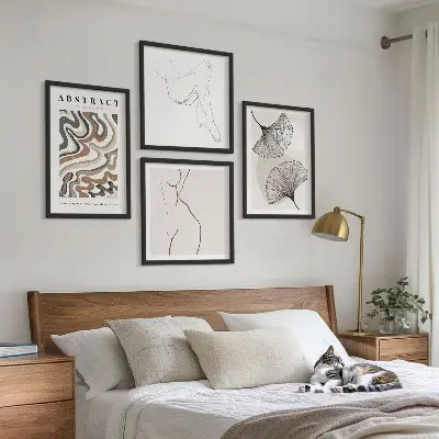 Abstrakčios boho stiliaus lapų formos 4 paveikslų rinkinys su rėmais