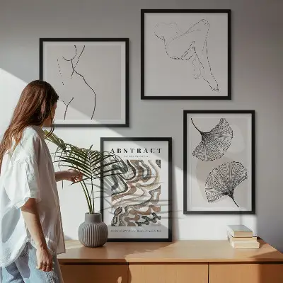 Abstrakčios boho stiliaus lapų formos 4 paveikslų rinkinys su rėmais