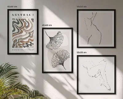Abstrakčios boho stiliaus lapų formos 4 paveikslų rinkinys su rėmais