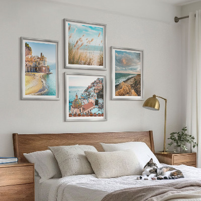 4 paveikslų rinkinys su rėmais Peizažai, paplūdimys, miestas, uolos