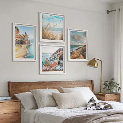 4 paveikslų rinkinys su rėmais Peizažai, paplūdimys, miestas, uolos