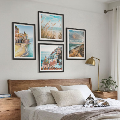 4 paveikslų rinkinys su rėmais Peizažai, paplūdimys, miestas, uolos