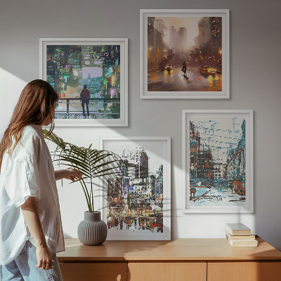 4 paveikslų rinkinys su rėmais Šiuolaikiniai spalvingi miestai su personažais