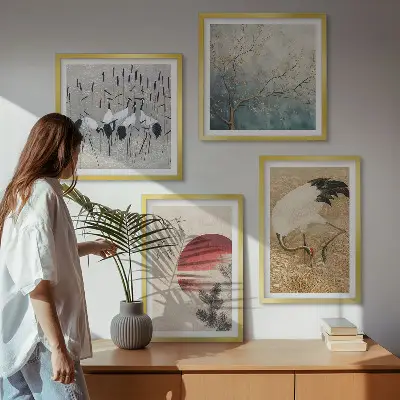 Japoniškų gervių peizažas 4 paveikslų rinkinys su rėmais