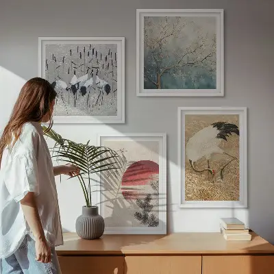 Japoniškų gervių peizažas 4 paveikslų rinkinys su rėmais