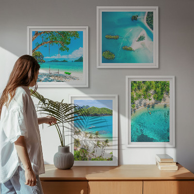 4 paveikslų rinkinys su rėmais Paplūdimiai, palmės, krištolinis vanduo
