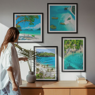 4 paveikslų rinkinys su rėmais Paplūdimiai, palmės, krištolinis vanduo