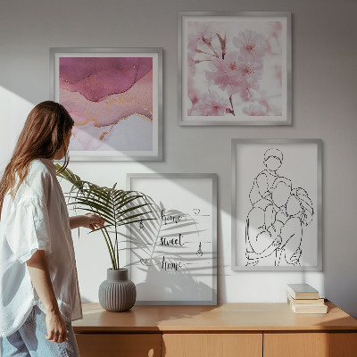 4 paveikslų rinkinys su rėmais Minimalistinės gėlės šeimos