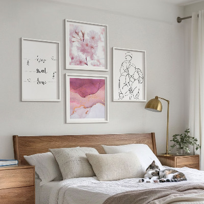 4 paveikslų rinkinys su rėmais Minimalistinės gėlės šeimos