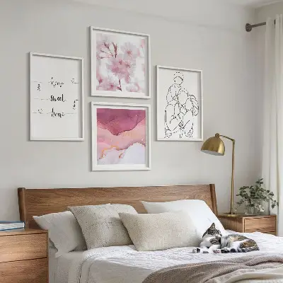 4 paveikslų rinkinys su rėmais minimalistinės gėlės