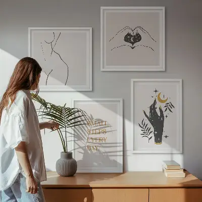 Paveikslų kompozicija ant sienos minimalistinės boho stiliaus iliustracijos