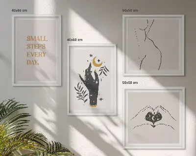 Paveikslų kompozicija ant sienos minimalistinės boho stiliaus iliustracijos