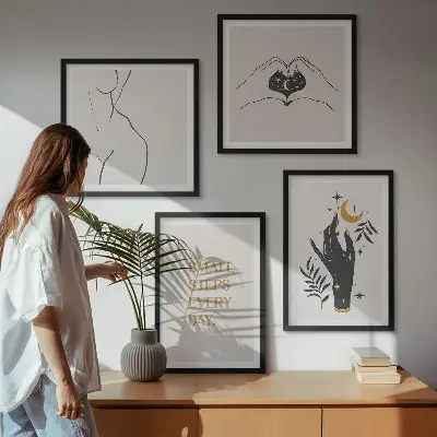 Paveikslų kompozicija ant sienos minimalistinės boho stiliaus iliustracijos