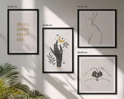 Paveikslų kompozicija ant sienos minimalistinės boho stiliaus iliustracijos