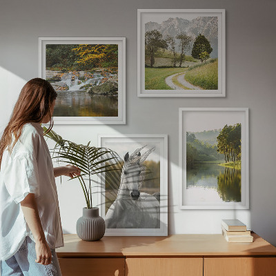 4 paveikslų rinkinys su rėmais Baltųjų arklių upės gamta