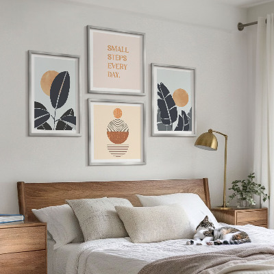 4 paveikslų rinkinys su rėmais Augalų raštai su didelėmis minimalistinėmis saulėmis