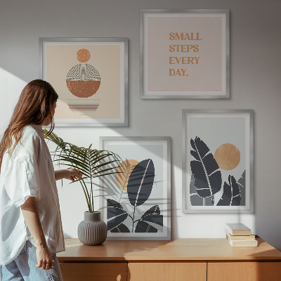 4 paveikslų rinkinys su rėmais Augalų raštai su didelėmis minimalistinėmis saulėmis