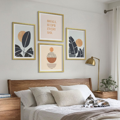 4 paveikslų rinkinys su rėmais Augalų raštai su didelėmis minimalistinėmis saulėmis