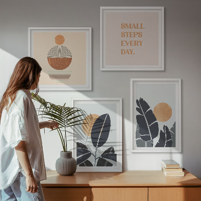 4 paveikslų rinkinys su rėmais Augalų raštai su didelėmis minimalistinėmis saulėmis