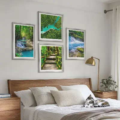 4 paveikslų rinkinys su rėmais žali miškai ir krištoliniai vandenys