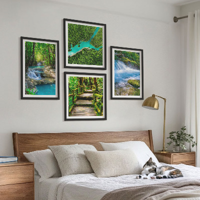 4 paveikslų rinkinys su rėmais Žali miškai, krištoliniai vandenys