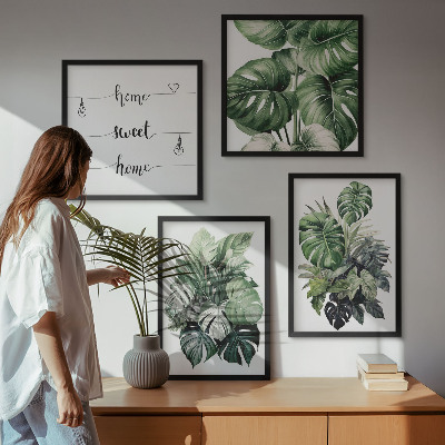 Paveikslų kompozicija ant sienos Žali tropiniai lapai akvarelė