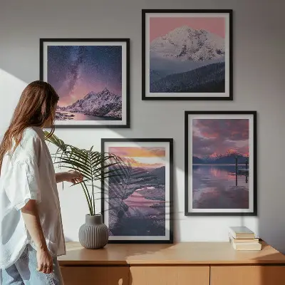 4 paveikslų rinkinys su rėmais kalnų ir vandens peizažai