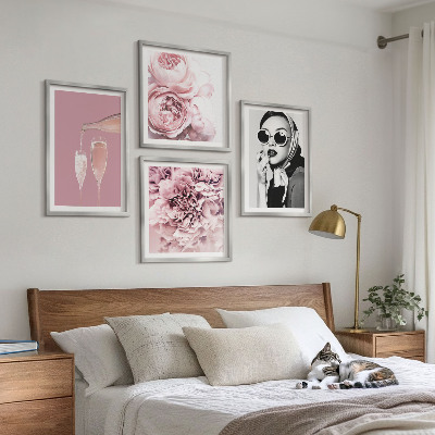 4 paveikslų rinkinys su rėmais Gėlės, bijūnai, rožės, elegancija