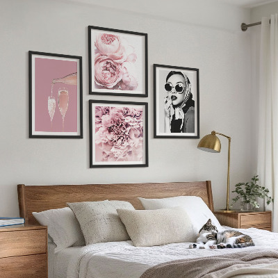 4 paveikslų rinkinys su rėmais Gėlės, bijūnai, rožės, elegancija