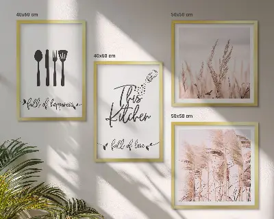 Paveikslų kompozicija ant sienos virtuvės boho stiliaus žolės su užrašu