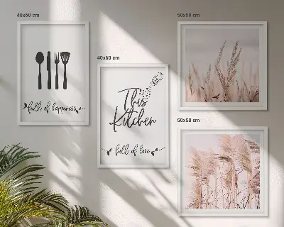 Paveikslų kompozicija ant sienos virtuvės boho stiliaus žolės su užrašu
