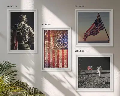Paveikslų kompozicija ant sienos su Amerikos simboliais ir JAV vėliava