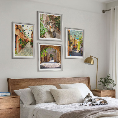 4 paveikslų rinkinys su rėmais Žavingos gatvės ir pica