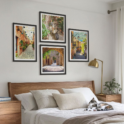 4 paveikslų rinkinys su rėmais Žavingos gatvės ir pica