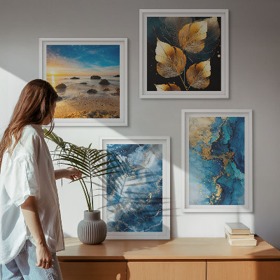 4 paveikslų rinkinys su rėmais Mėlyno aukso raštų vaizdai