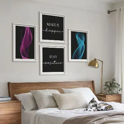 Paveikslų kompozicija ant sienos neoninės banguojančios linijos fone