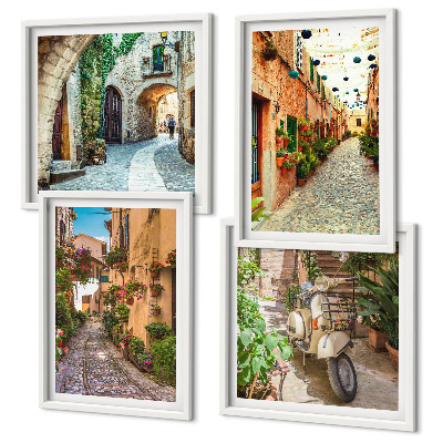 4 paveikslų rinkinys su rėmais Žavingos Italijos gatvės ir gėlės