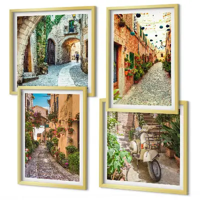 Žavingos Italijos gatvės ir gėlės 4 paveikslų rinkinys su rėmais