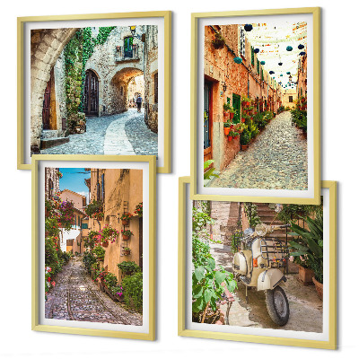4 paveikslų rinkinys su rėmais Žavingos Italijos gatvės ir gėlės