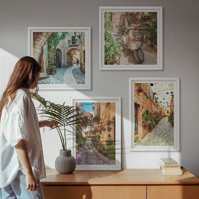 4 paveikslų rinkinys su rėmais Žavingos Italijos gatvės ir gėlės