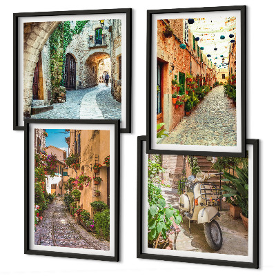 4 paveikslų rinkinys su rėmais Žavingos Italijos gatvės ir gėlės