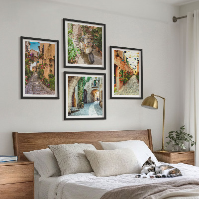 4 paveikslų rinkinys su rėmais Žavingos Italijos gatvės ir gėlės